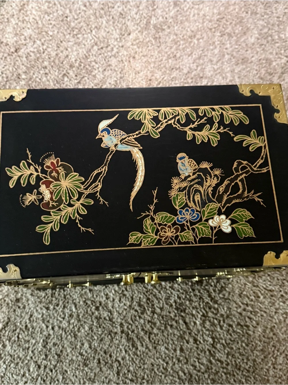 Beautiful Black laquared Vintage Floral Jewelry Cabinet with Gold Hardwood.